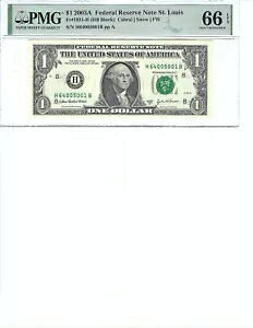 2003 $1 FRN FR1931-H PMG 66 EPQ、セントルイス S/N H64005001B 部品。 DBL 印刷エラー!