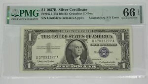 S/N G[ V[Y 1957-B u[ V[ $1 Vo[ ؖm[g PMG 66 Gem Unc EPQ Fr#1621