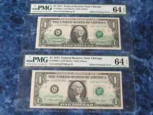2 1974 $1 FR Notes Chicago Offset Printing Error PMG 64EPQ ? �A���V���A��