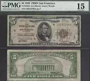 $5 1929 FRBN�A�_���B 1850-L�A�T���t�����V�X�R PMG Choice Fine 15