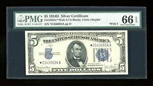 DBR 1934-D $5 �V���o�[ �W�F�� �X�^�[ Fr. 1654Wi* ���C�h I PMG 66 EPQ �V���A�� *21430654A