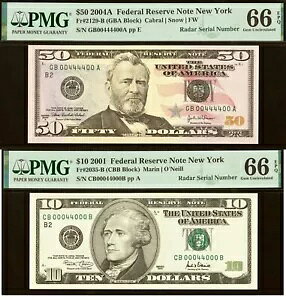 2 �̃��b�g $50 & $20 FRN ���[�_�[ PMG 66EPQ ���[�_�[ �V���A���ԍ� 00044000 & 00444400