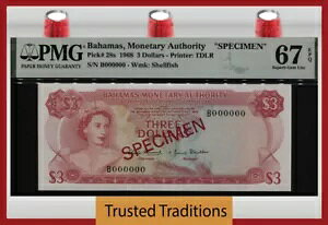 TT PK 28s 1968 バハマ 3 ドル クイーン エリザベス 2 世 希少標本 PMG 67 EPQ