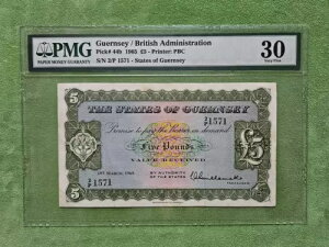 ガーンジー島/ブリティッシュ・アドミニストレーション 5ポンド 1965 VF 30 PMG エクスレア