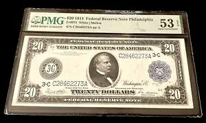 PMG 1914 $20 1 ���� PMG �ɂ�� AU-53 EPQ �Ŋi�t�� - FR 975 Fed Note Philadelphia