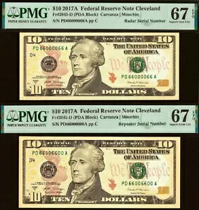 2017A $1 FRN PMG 67EPQ �t�@���V�[ ���[�_�[ ���s�[�^�[ �V���A���ԍ� 66000066 & 66006600