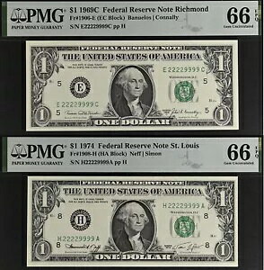 1969C & 1974 $1 FRN - PMG 66EPQ - 2 �m�[�g - �_�u���N���b�h �V���A���ԍ� 22229999