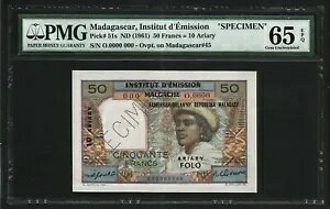 マダガスカル 50 フラン 10 アリアリ 1961、PMG 65 EPQ GEM UNC、標本 P-51