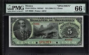 ���L�V�R �A���e�B�[�N $5 �y�\�uSPECIMEN�vEl Banco Mercantil De Monterey 1906-1911 PMG 66