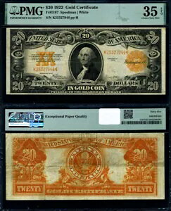 FR�B 1187 $20 1922 �S�[���h�ؖ����`���C�X PMG VF35 EPQ
