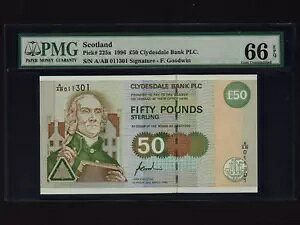 �X�R�b�g�����h:P-225a�A50 �|���h�A1996 * Clydesdale BankPLC * PMG Gem UNC 66 EPQ *