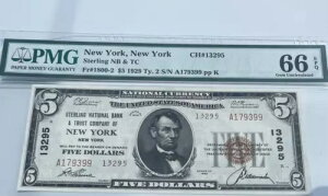 1929 ^Cv 2 $5 STERLING NB AND TRUST COMPANY NEW YORK Fr. 1800-2 Ch#13295 PMG 66