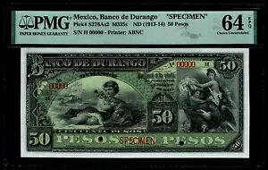 LVR AeB[N $50 y\uSPECIMENvBanco De Durango Beautiful Note 1913-14 PMG 64