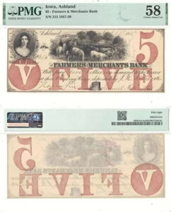 1857-59 $5 �t�@�[�}�[�Y & �}�[�`�����c �o���N �A�C�I���B�A�V�������h PMG Ch AU-58