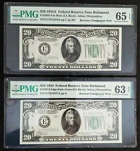 A 1934-A  1934 N $20 FRN o[X `FWI[o[ PMG 65EPQ & 63EPQ ~[