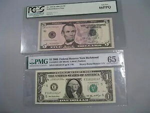vyÃoCi [_[]qWF $5 & $1 FRN m[g #11011011 PCGS/PMG 66/65