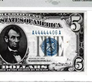 �قڌő� $5 1934 �V���o�[�ؖ����m�[�g S/NA 44444401 A Fr.1650 PMG 4 OF 4