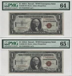 (2) 1935A $1 nCA PMG 64 & 65 CH & GEM ((f炵))