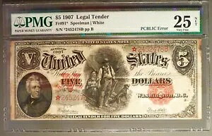 1907 $5 United States NoteAPMG VF25 netAFR91*AStar Note & PCBLIC Error Note!