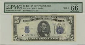 1934D $5 �V���o�[ �T�[�g FR#1654w* PMG 66 �W�F�� EPQ ���C�h I �X�^�[ �m�[�g