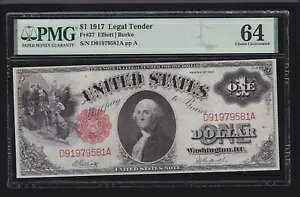 US 1917 $1 ���V���g���@��ʉ݃G���I�b�g/�o�[�N FR 37 PMG 64 V Ch CU (581)