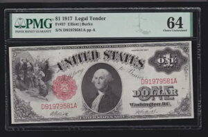 US 1917 $1 ���V���g���@��ʉ݃G���I�b�g/�o�[�N FR 37 PMG 64 V Ch CU (581)