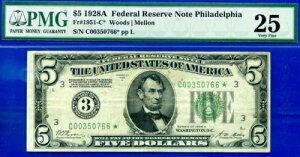 1928A $5 �A�M������s�� PMG 25 PMG 12 ���m�̃t�B���f���t�B�A �X�^�[ Fr 1951-C*