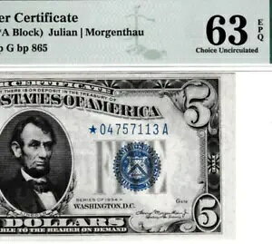 $5 1934 �V���o�[ �T�[�e�B�t�B�P�[�g �~���[�� ?? �X�^�[�m�[�g S/N ?04757113 A Fr.1651 M* PMG