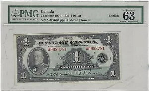 1935 オズボーン/タワーズ カナダ $1 英語ノート PMG CH UNC MS-63; SN# A 9983781