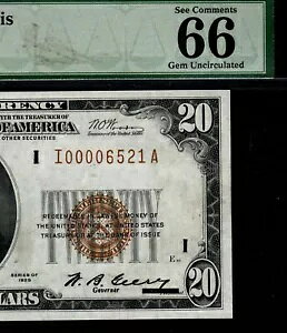 1929 $20 FRBN ミネアポリス ジェム 未流通 PMG 66 EPQ 低 4 桁 S/N I00006521A