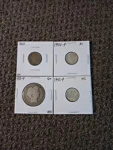 4RCbg 1860 ZgA1943-P & 1942-P Merc Dimes AU-MSA1901-P Barber Half-G