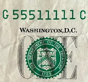 $1 BINARY Note 5 & 1's / G55511111C / Fancy Number / 5 IN A ROW 1's / 2017 A