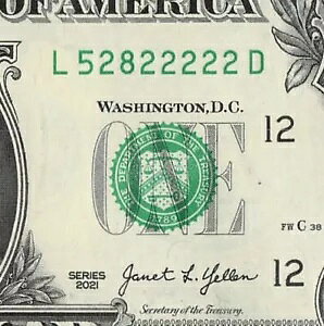 シックス オブ ア カインド 2 ファンシー シリアル番号 1 ドル紙幣 L52822222D 5 列