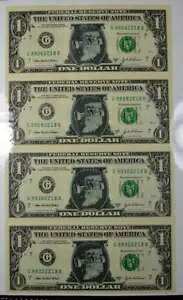 アンカット シート 4 2003A シリーズ $1 FRB ノート、インディアナ州オーバープリント、プレゼンテーション フォルダー