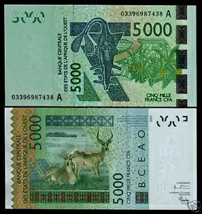 アイボリーコースト 西アフリカ州 5000 フラン P-117A 2003 コートジボワール アンテロープ UNC ノート