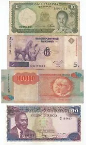 タンザニア、ケニア、コンゴ、アンゴラ、4枚セット、世界紙幣、混合状態、