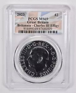 MS69 2023 イギリス 2 ポンド ブリタニア チャールズ 3 世 PCGS ユニオン ジャック ラベル