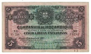 モザンビーク - 1934 5 シンコ リブラス エステルリナス紙幣 (5 ポンド スターリング)