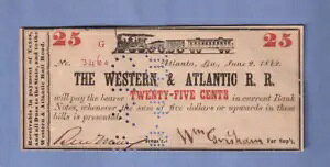 1862 25c Western & Atlantic Rail Road Atlanta GEORGIA Note with TRAIN