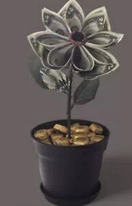 2ドル紙幣 折り紙フラワー プランターブーケ付き マネーギフト 10枚紙幣 - 額面20ドル