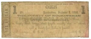 1861 年バージニア州ハリソンバーグ、ロッキンガム郡 $1 廃止紙幣 (62511)