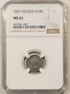 1837 リバティ シーテッド ハーフダイム NGC MS-61、オリジナルで魅力的
