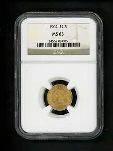 1904 US $2.50 ゴールド リバティ NGC MS 63 未流通オリジナル表面ソフト緑青