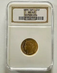1896 �X�C�X (�X�C�X) 20 �t���� �t�������� (6.45gm 90% 22kt) NGC MS 62
