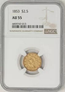 1853 $2 1/2 �S�[���h ���o�e�B $2.5 AU55 NGC 948894-18