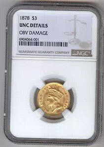 1878 インディアン プリンセス ヘッド $3.00 ゴールド + NGC + UNC 詳細 + リザーブなし!