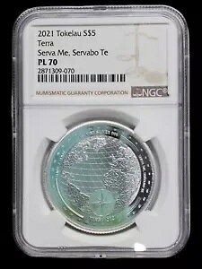 2021 �g�P���E .999 �V���o�[ $5 NGC PL70 TERRA SERVA ME SERVABO TE ���[�~���g PM0045
