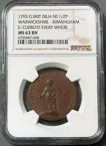 1793 �C�M���X 1/2 P �E�H���b�N�V���[ �o�[�~���K�� �R���_�[ �g�[�N�� NGC MS 63 D&H 50