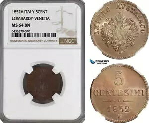 A5/543 C^AAofBABxl`AAtc [[tA5 Centesimi 1852 VANGC MS64BN