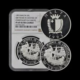 マルタ。 1993、5 リリ、シルバー - NGC PF69 - キリスト教ヨーロッパの防衛